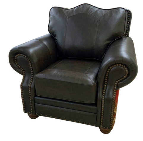 Rustic western and mountain style top grain leather chair with southwestern fabric accent on the sides.