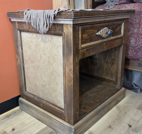 Handcrafted solid wood western nightstand with genuine leather panels on the sides.