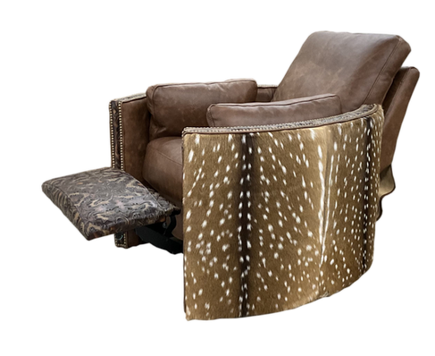 Rustic western and mountain style leather recliner with embossed leather and axis deer hide accent.