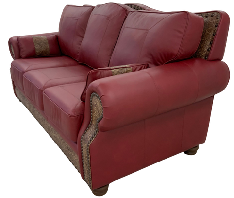 Rustic western and mountain style top grain leather sofa with embossed leather accent.