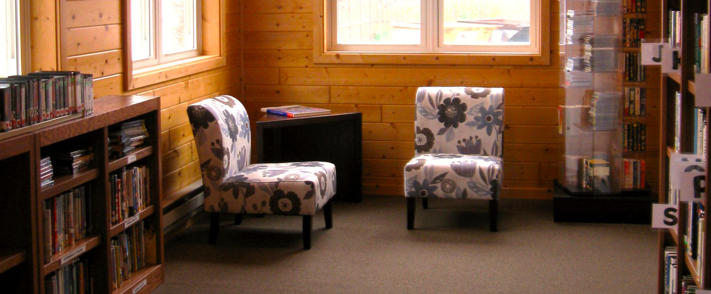 Cozy library interior with two patterned chairs, windows, and books