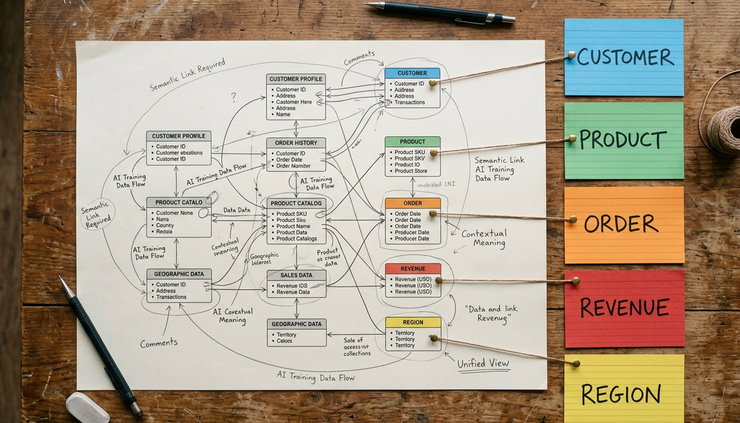 Overhead view of a printed data map beside coloured index cards on a wooden table