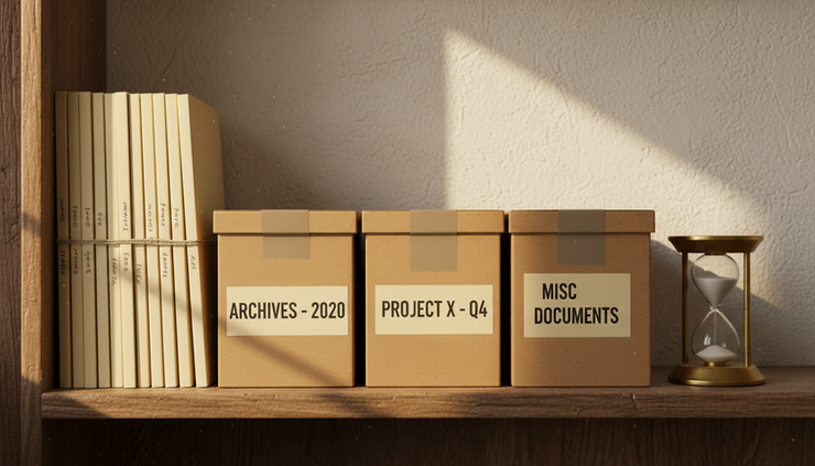 Eye-level view of stacked paper folders, labelled storage boxes, and a small hourglass on a wooden shelf