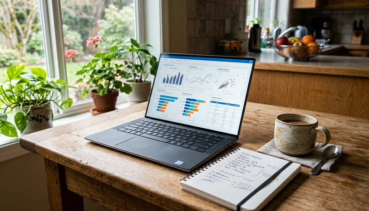Wide-angle view of a laptop showing a data dashboard beside a notebook on a wooden kitchen bench