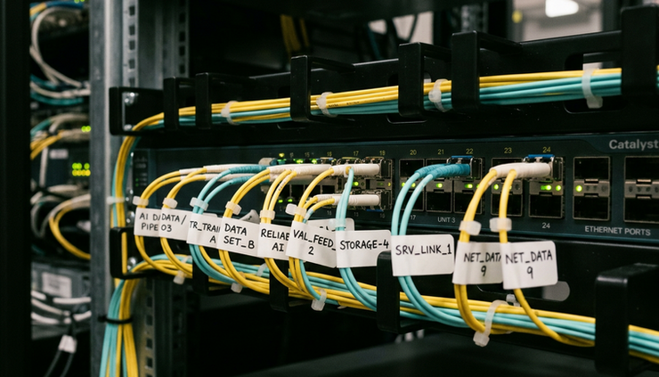 Close-up view of labelled fibre cables connected to a network switch
