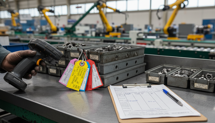 Close-up view of inspection tags, a handheld scanner, and parts trays beside a production line