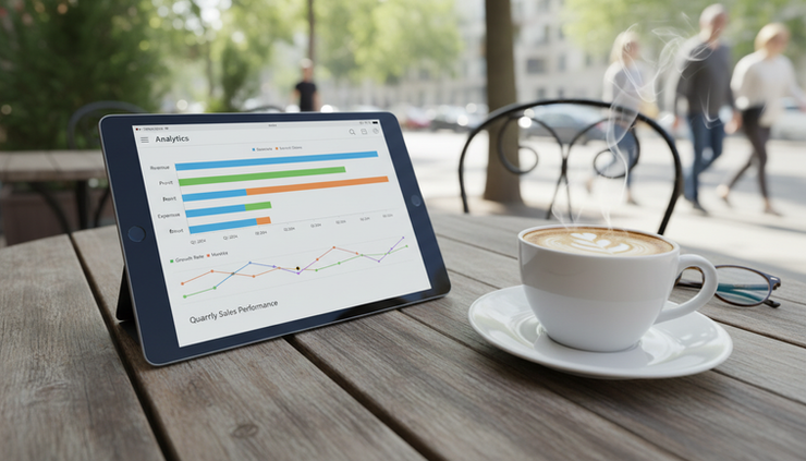 Close-up view of a tablet on a café table showing a sales chart with coloured bars.