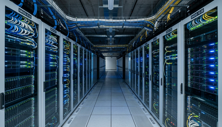 Wide-angle view of glowing server racks inside a quiet data centre aisle