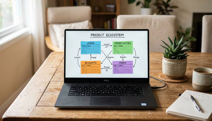 Eye-level view of a laptop screen showing a simple relationship diagram beside coloured index cards
