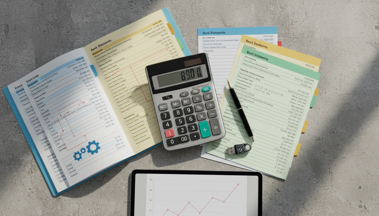 Overhead view of colour-coded ledger pages, bank statements, and a calculator on a stone surface.
