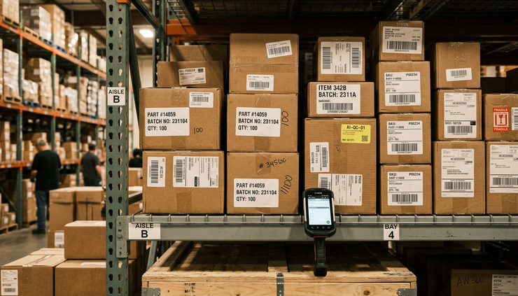 Eye-level view of a warehouse shelf with barcoded boxes and handheld scanner