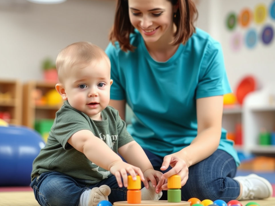 Baby stacking colorful blocks with a smiling adult in a bright playroom. Engaging and playful atmosphere.