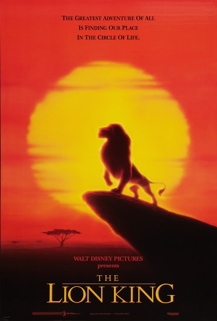 Movie poster of Lion King with the silhouette of the main character as the main subject standing on a cliff with a sunset background