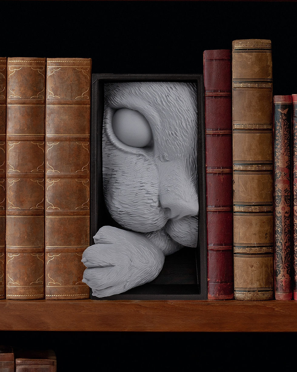 Graue Katzenstatue mit einem Buchregal neben braunen und roten Büchern