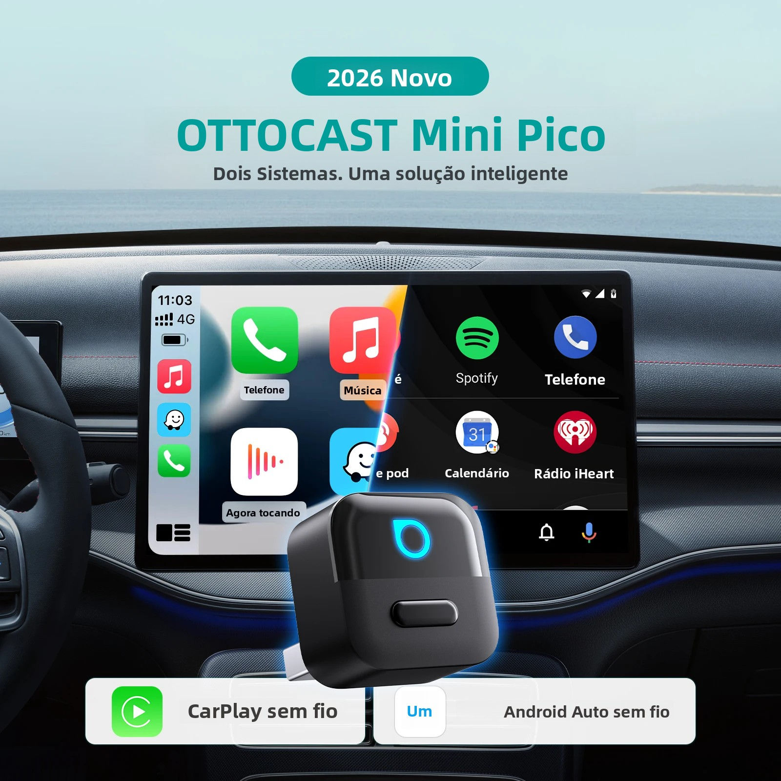 OTTOCAST Mini Pico 2in1 Wireless CarPlay Wireless Android Auto Adapter Wifi 6.0 