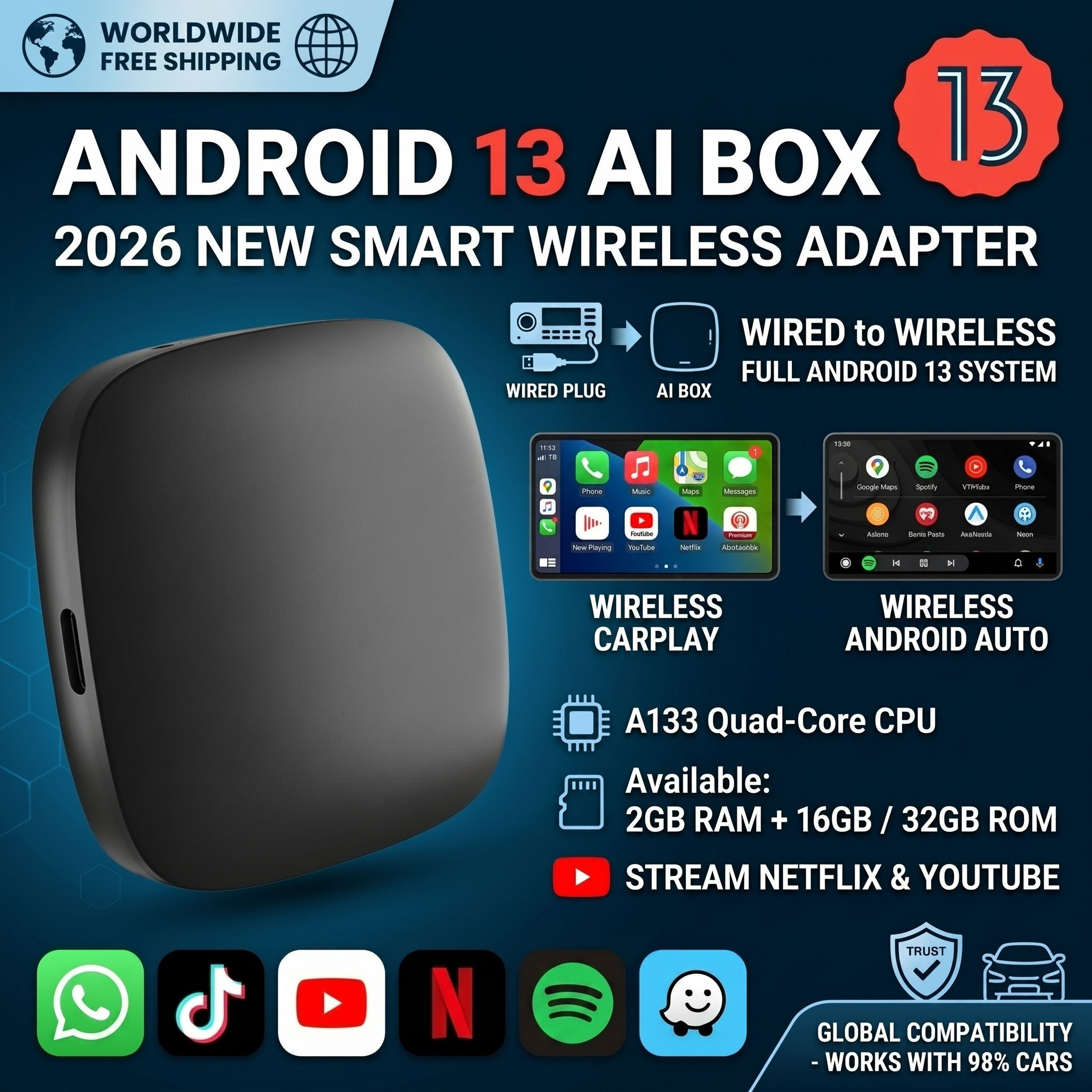 2026 Android13 CarPlay Ai Box Kowankit Wireless Android Auto 3 in 1 USB Adapter