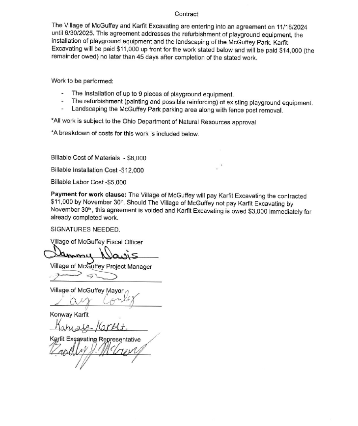 The contract between the village and Karfit Excavating outlines how payment will be handled. It states that the contract remains in effect until the project is completed or until June 30, 2025, whichever comes first. It is unknown whether Karfit Excavating has the necessary licenses under state law to install playground equipment