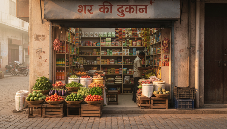 Eye-level view of a small neighbourhood shop with fresh goods arranged near the entrance