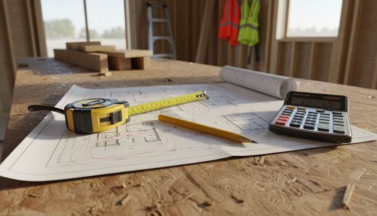Close-up view of marked construction plans and measuring tools on plywood.