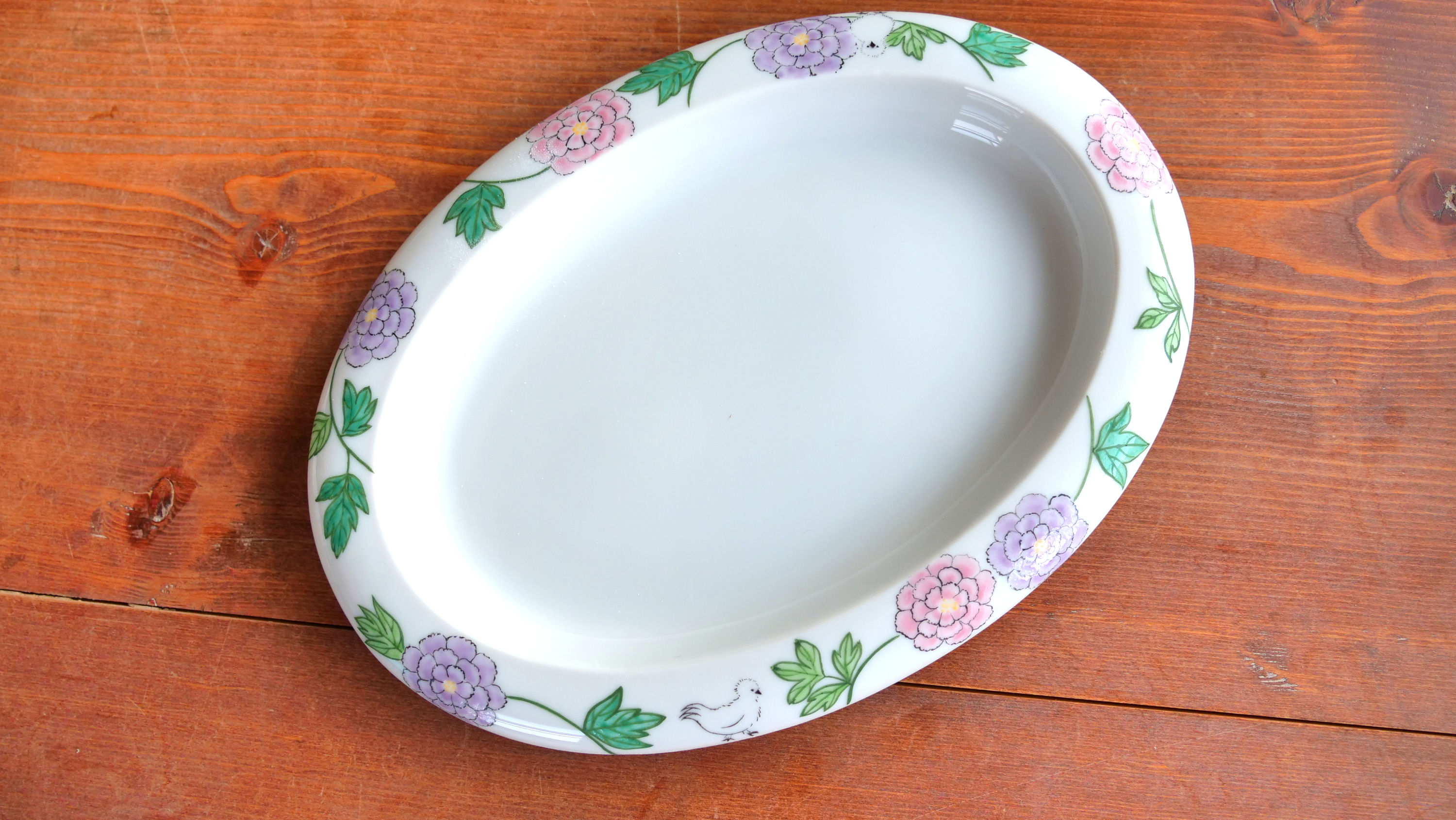 Oval Plate (Pink Flowers  and Silkie Chickens)