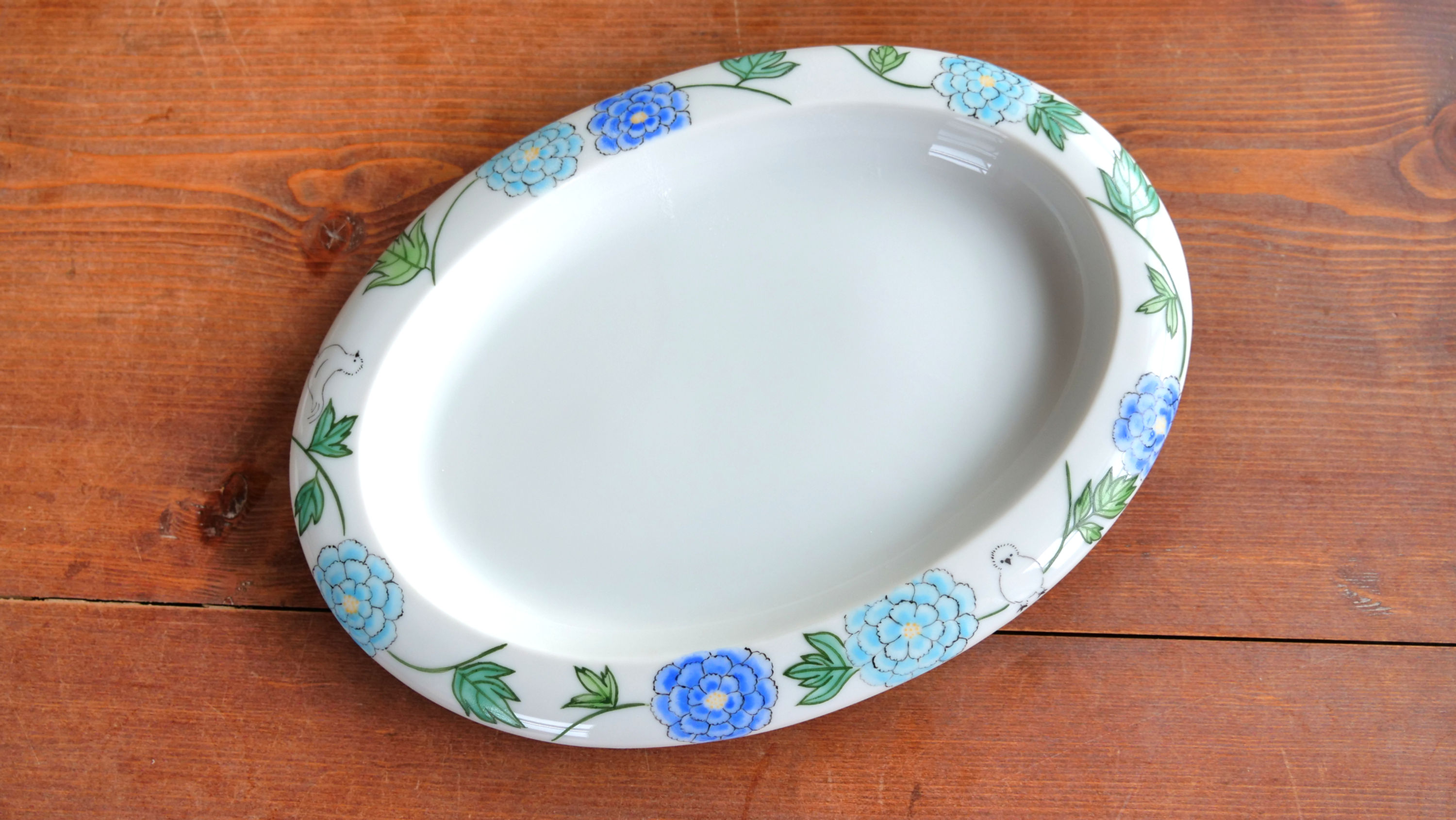 Oval Plate (Blue Flowers  and Silkie Chickens)