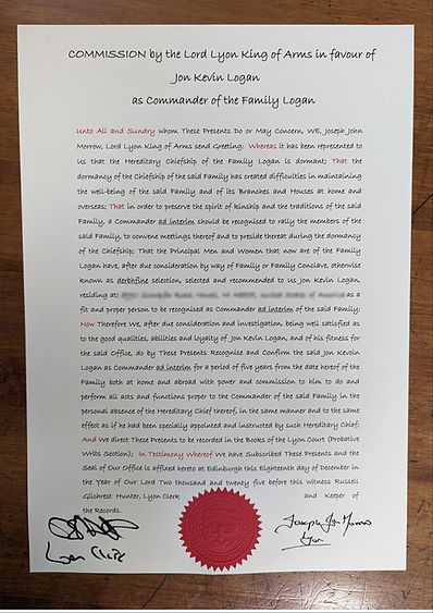 This is an image of the signed Commission from the Lord Lyon King of Arms for J. Kevin Logan to be the Commander of the Family Logan.