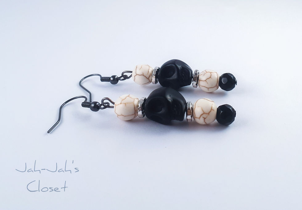 Thumbnail: Drop Bead Earrings - Black Skull