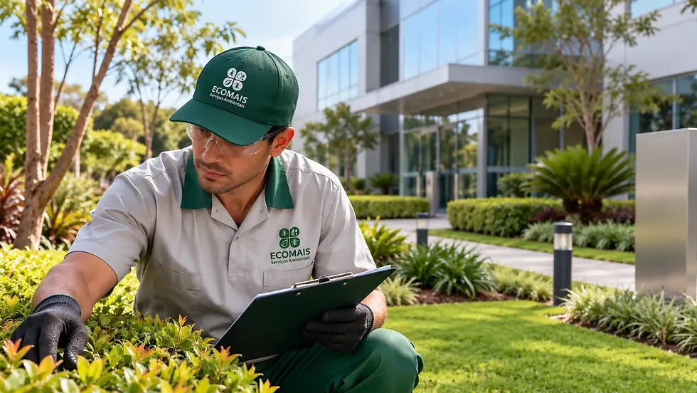 Técnico da Ecomais realizando jardinagem empresarial em área verde de ambiente corporativo.
