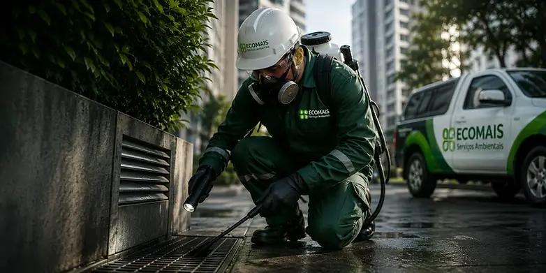 Banner institucional da Ecomais Serviços Ambientais destacando sua especialização em Engenharia Aplicada à Prevenção Sanitária. A imagem apresenta um técnico realizando atividade operacional e um veículo oficial da empresa, simbolizando atuação em campo, engenharia de controle, controle integrado de pragas, gestão sanitária integrada, higienização técnica, monitoramento preventivo, biossegurança e soluções ambientais. Representa o atendimento da Ecomais para empresas, indústrias, hospitais, hotéis, resorts, restaurantes, escolas, condomínios e centros logísticos, com foco na prevenção de riscos sanitários, conformidade regulatória e proteção de pessoas, processos e patrimônios.