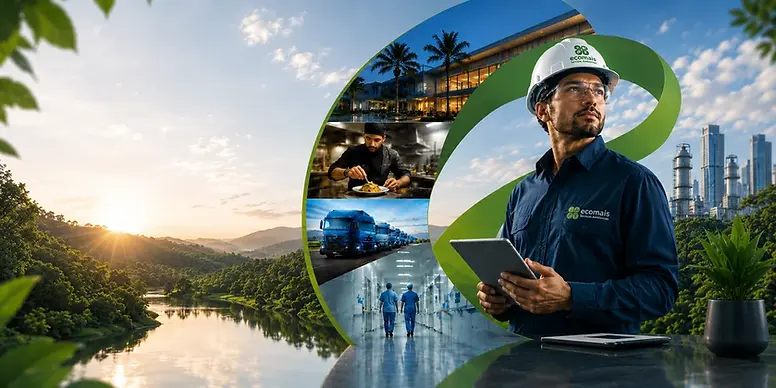 Banner institucional da Ecomais Serviços Ambientais ilustrando a integração entre sustentabilidade, tecnologia e operações corporativas. A composição apresenta um especialista da Ecomais realizando gestão técnica, além de cenários de food service, transporte, indústria e meio ambiente, simbolizando a atuação da empresa por meio da Engenharia de Controle. A imagem representa soluções ambientais integradas, controle integrado de pragas, gestão sanitária, monitoramento contínuo, rastreabilidade operacional, biossegurança, conformidade regulatória e inteligência operacional para reduzir riscos, proteger pessoas, patrimônios e reputações em empresas, indústrias, hospitais, hotéis, resorts, restaurantes, condomínios e centros logísticos.