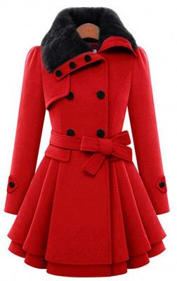 Elegant Red women's hooded coat with a flared skirt design, wide faux fur collar, double-breasted buttons, and a belted waist.