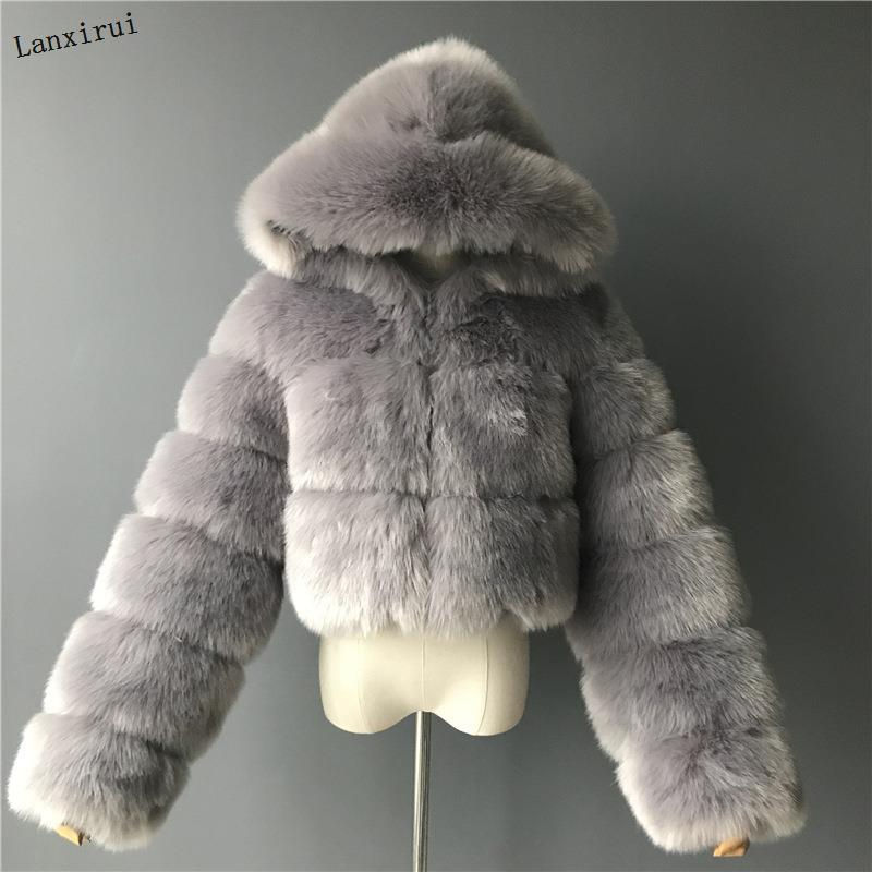 縮圖：Greycropped faux fur puffer coat with hood displayed on a mannequin torso against a plain background.