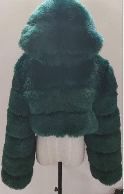 Thumbnail: Green cropped faux fur puffer coat with hood displayed on a mannequin torso against a plain background.