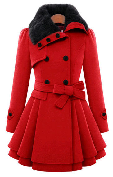 Thumbnail: Elegant Red women's hooded coat with a flared skirt design, wide faux fur collar, double-breasted buttons, and a belted waist.

