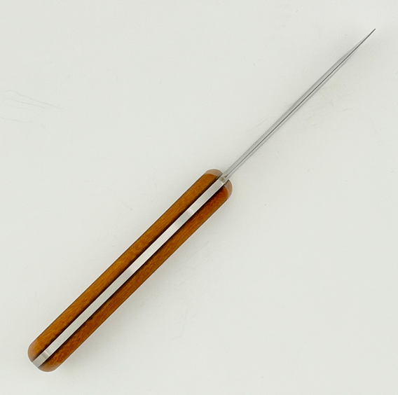 Belly of a Very Good Knife Company 'Pocket Doc' fixed balde knife with a spear point style blade, satin finish, vintage linen micarta handles, fixed with stainless corby screws.