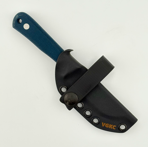 Very Good Knife Company 'Pocket Doc' fixed balde knife with a spear point style blade, satin finish, denim blue micarta handles, fixed with stainless corby screws in a black taco style kydex sheath.