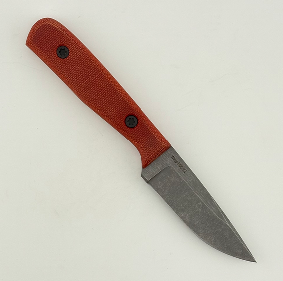 Very Good Knife Company 'Wasp' fixed blade knife with a stonewash finish and red micarta handles fixed with black removable screws.