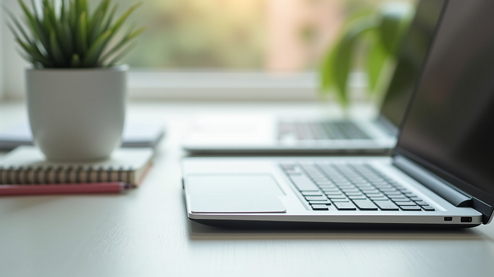 Close-up view of a beautifully arranged workspace with a laptop and notepad