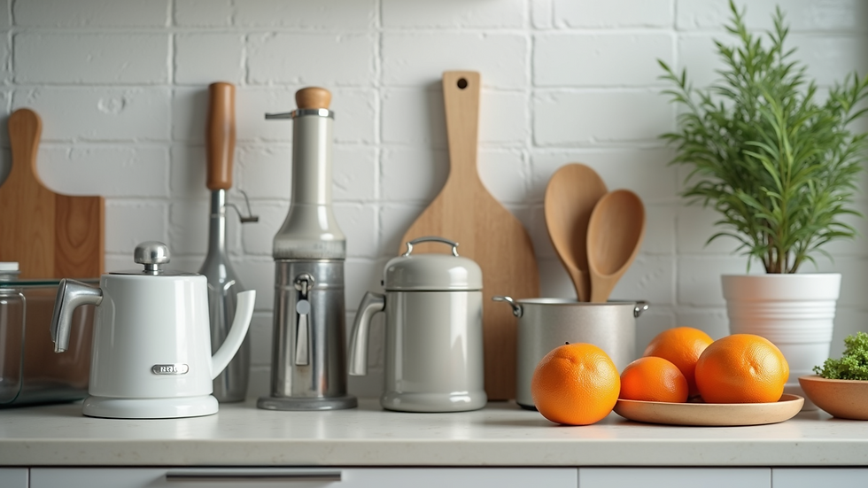 Close-up view of a collection of essential kitchen gadgets
