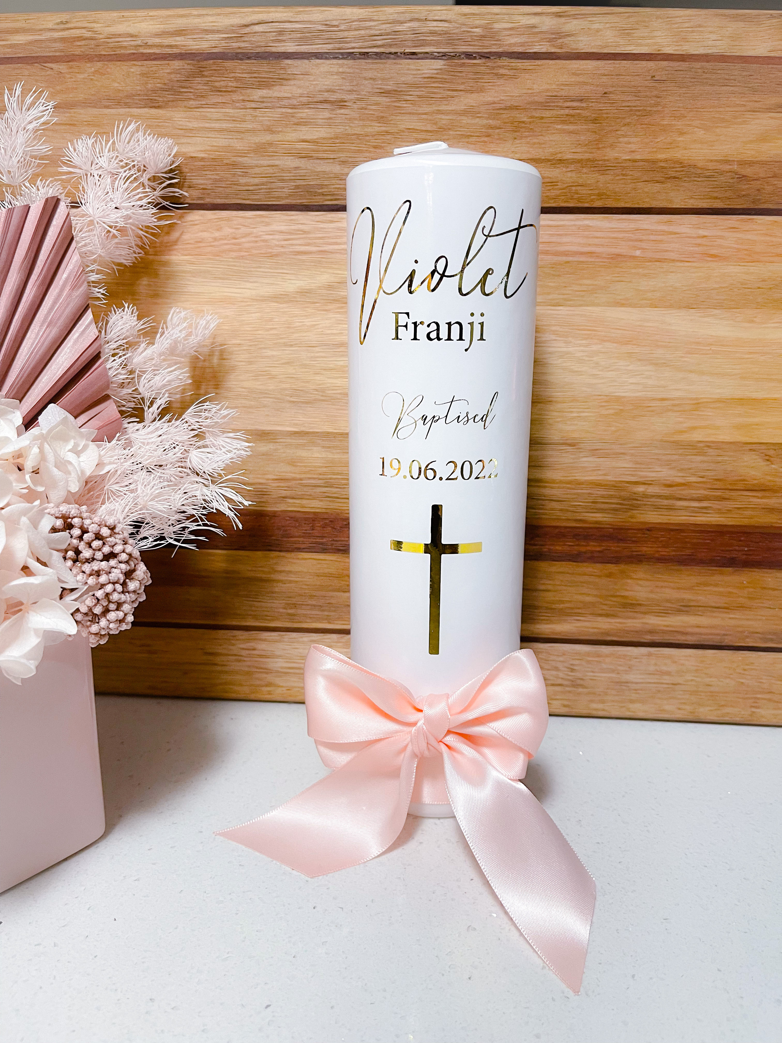 Baby Pink Christening Candle - Bow