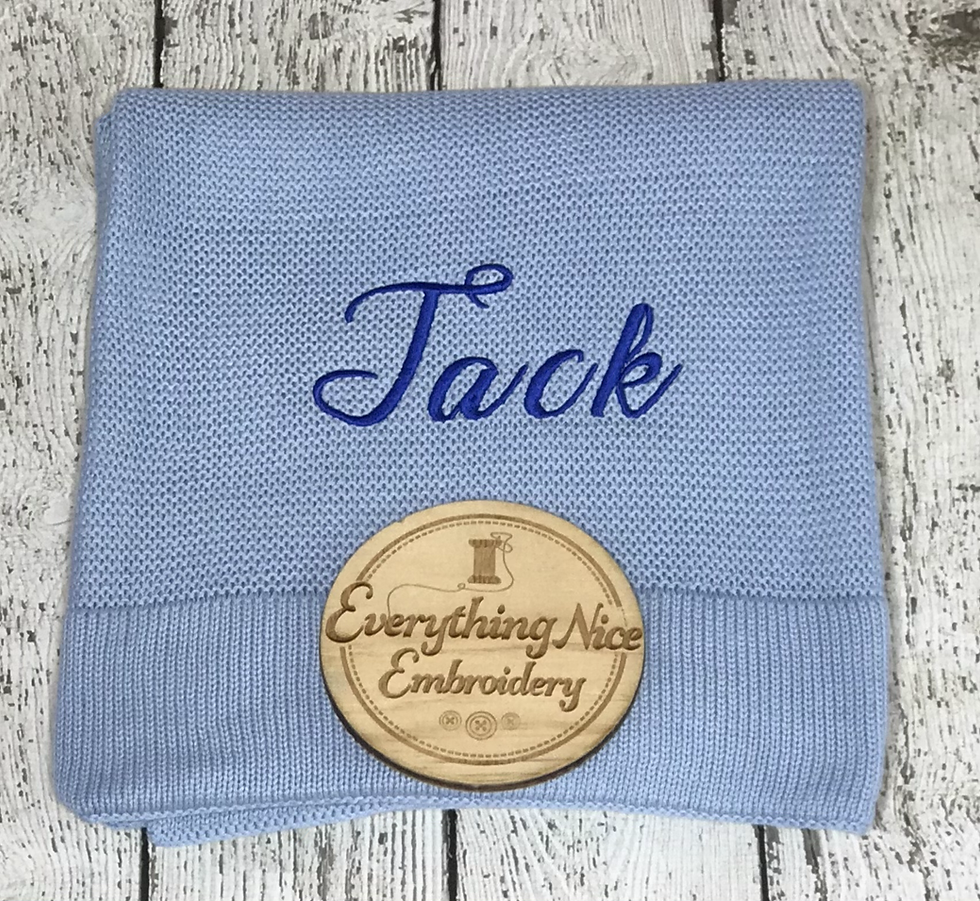 Personalised Knitted Blue Baby Blanket - Knitted Embroidery