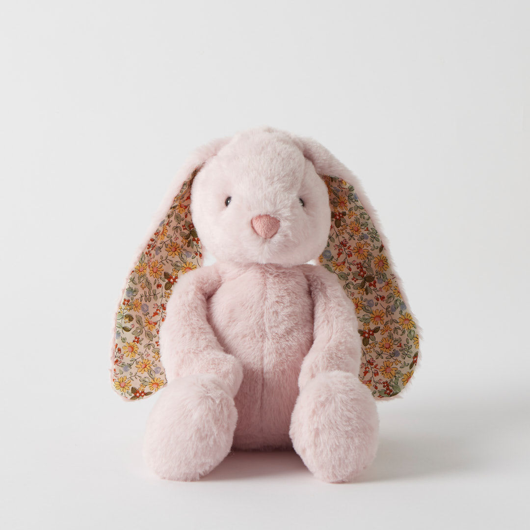 Personalised Jiggle & Giggle medium bunny with floral pink  patterned ears and embroidered name