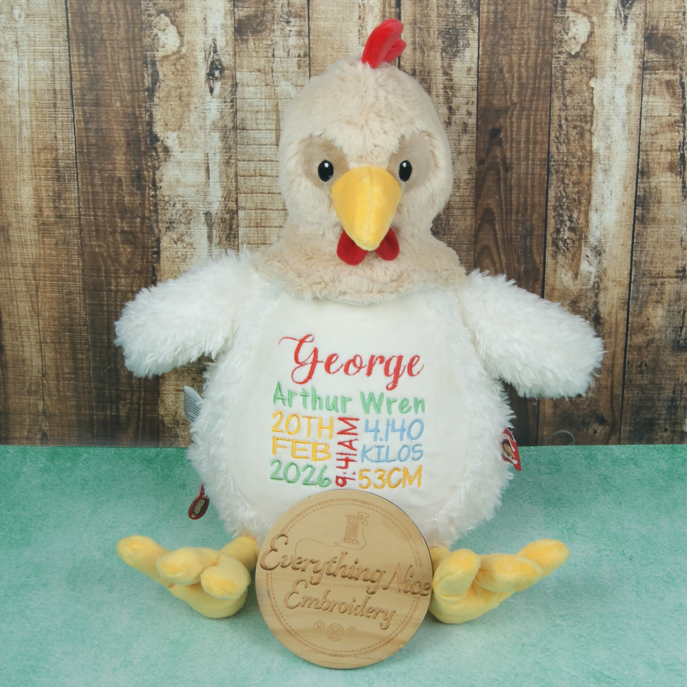 Personalised Chicken with embroidered birth details