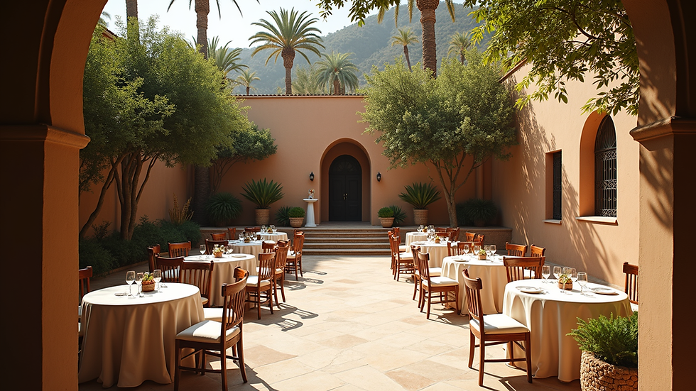 Wide angle view of a Moroccan garden venue with seating arrangements