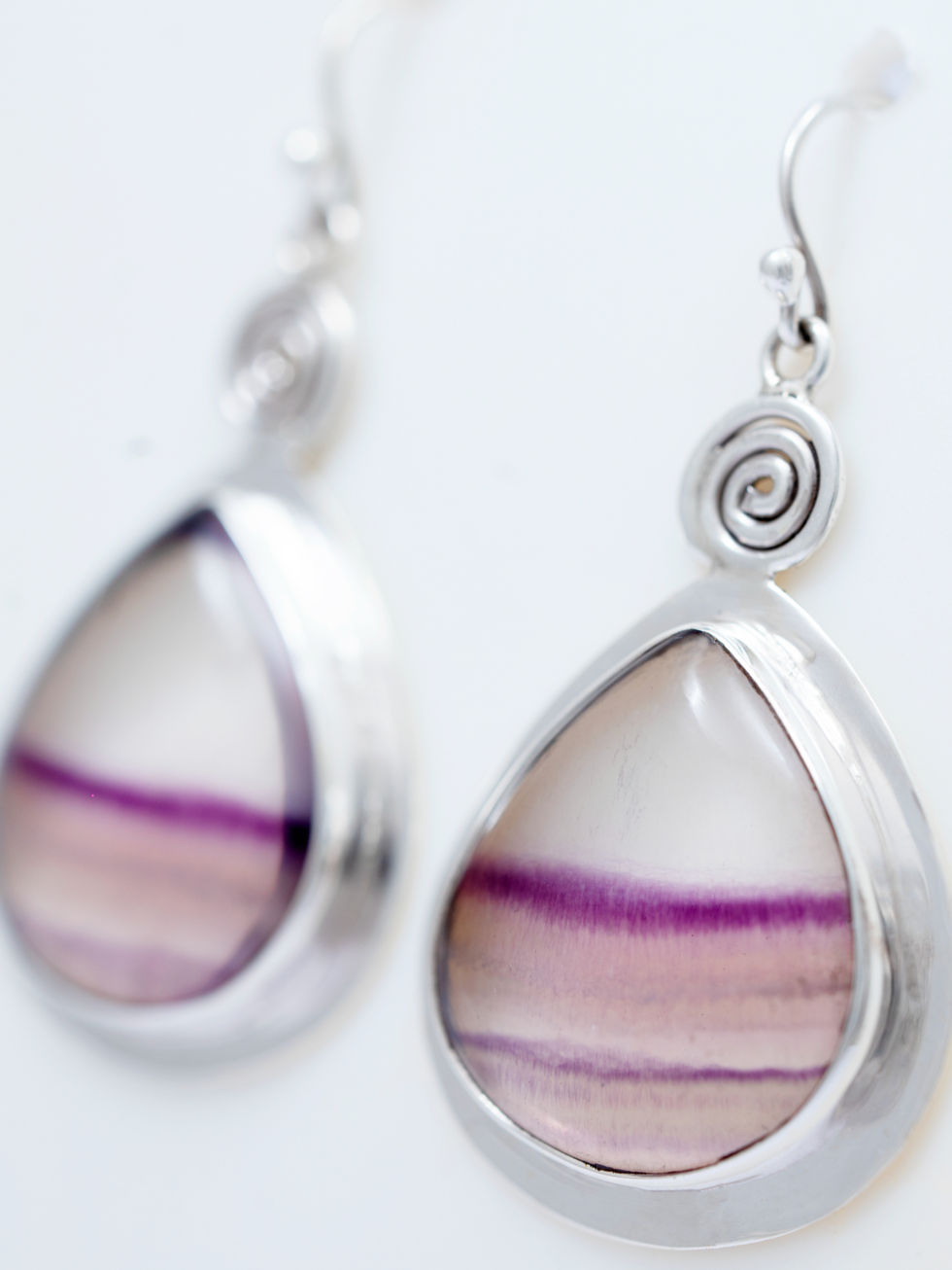 Fluorite gemstone teardrop earrings sold by Gill Goddard jewellery