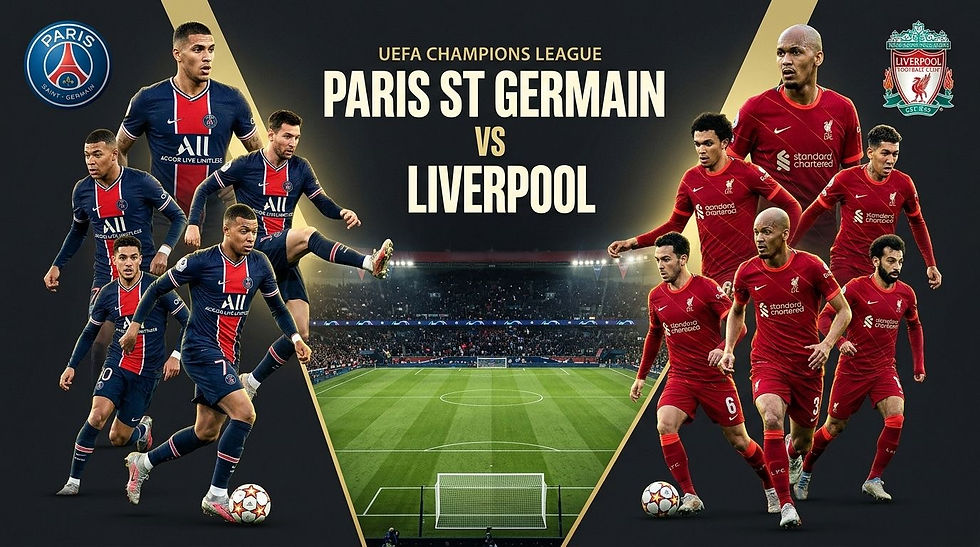Soccer match poster: Players from Paris Saint-Germain in blue and Liverpool in red vie for a ball. Text: "Paris St. Germain vs Liverpool, April 8, 2026, Parc des Princes, Paris." Stadium lights illuminate the scene.