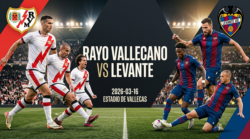 Soccer players from Rayo Vallecano and Levante in action on a field. Text: Rayo Vallecano vs Levante, 2026-03-16, Estadio de Vallecas.