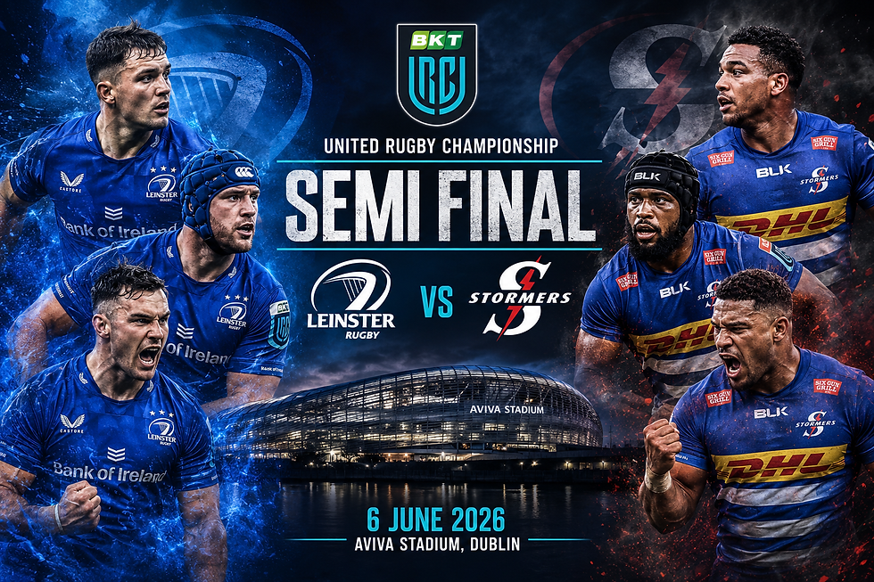Leinster vs Stormers rugby semifinal poster with players in blue, Aviva Stadium, and text United Rugby Championship, 6 June 2026.