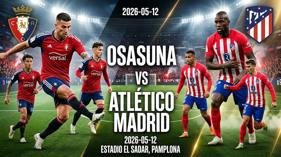 Football players from Osasuna and Atlético Madrid in action on a field. La Liga branding. Match on 2026-05-12 at Estadio El Sadar.