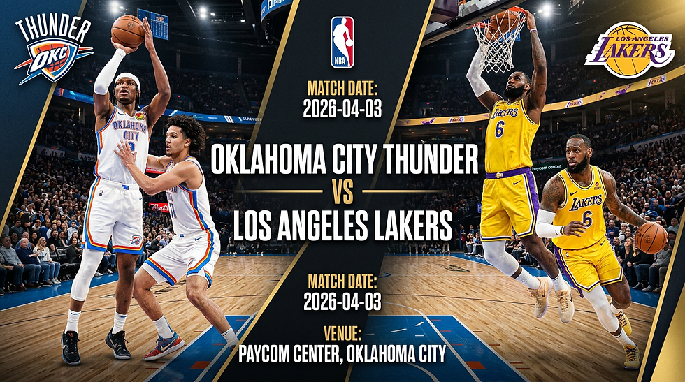 Basketball game promo: Oklahoma City Thunder vs Los Angeles Lakers at Paycom Center, April 3, 2026. Players in action on court.